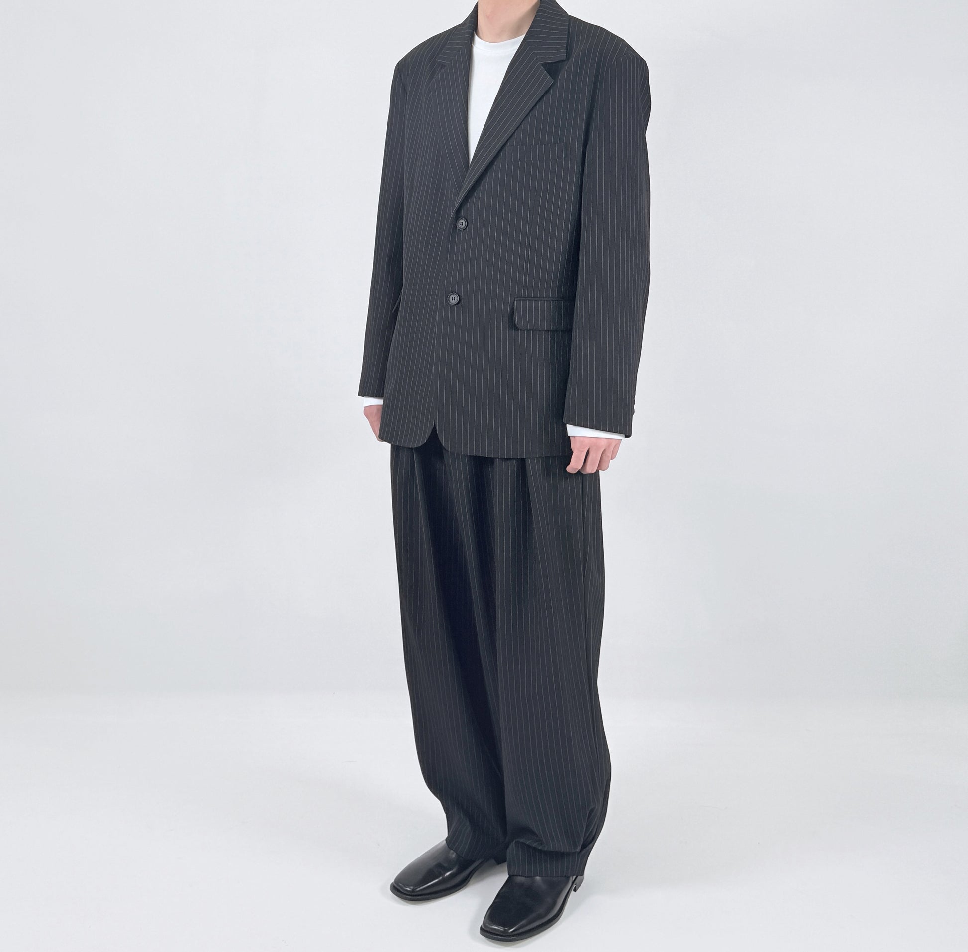 Pinstripe Oversized Blazer CHARCOAL worn front