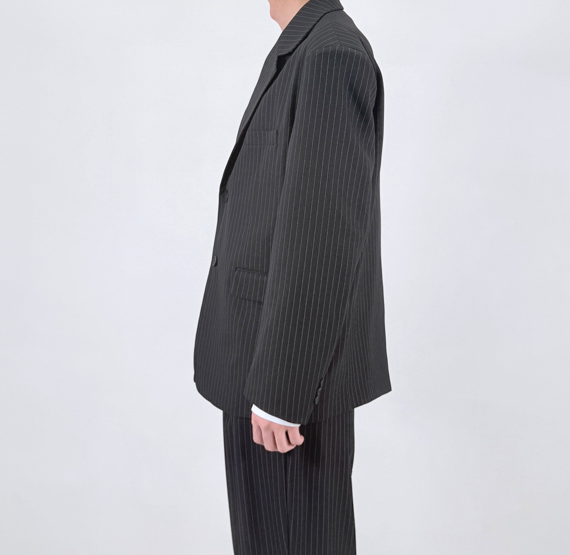 Pinstripe Oversized Blazer CHARCOAL worn detail