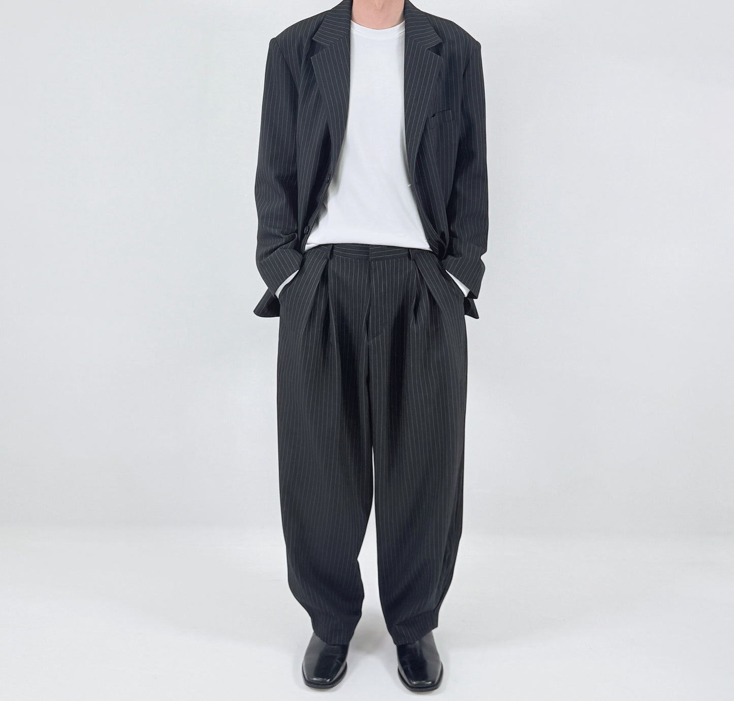 Pinstripe Oversized Blazer BLACK worn front