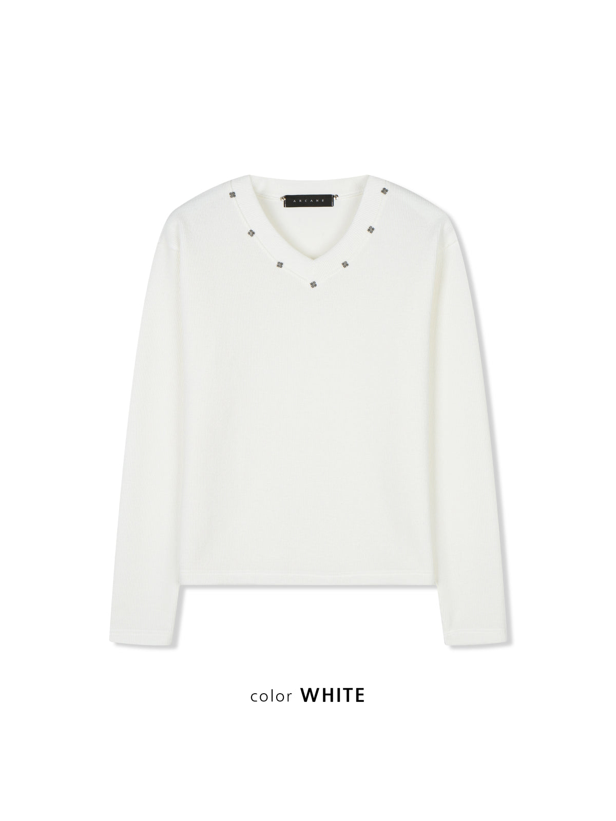 Star Stud V-Neck Ribbed Knit WHITE フロントスタイル