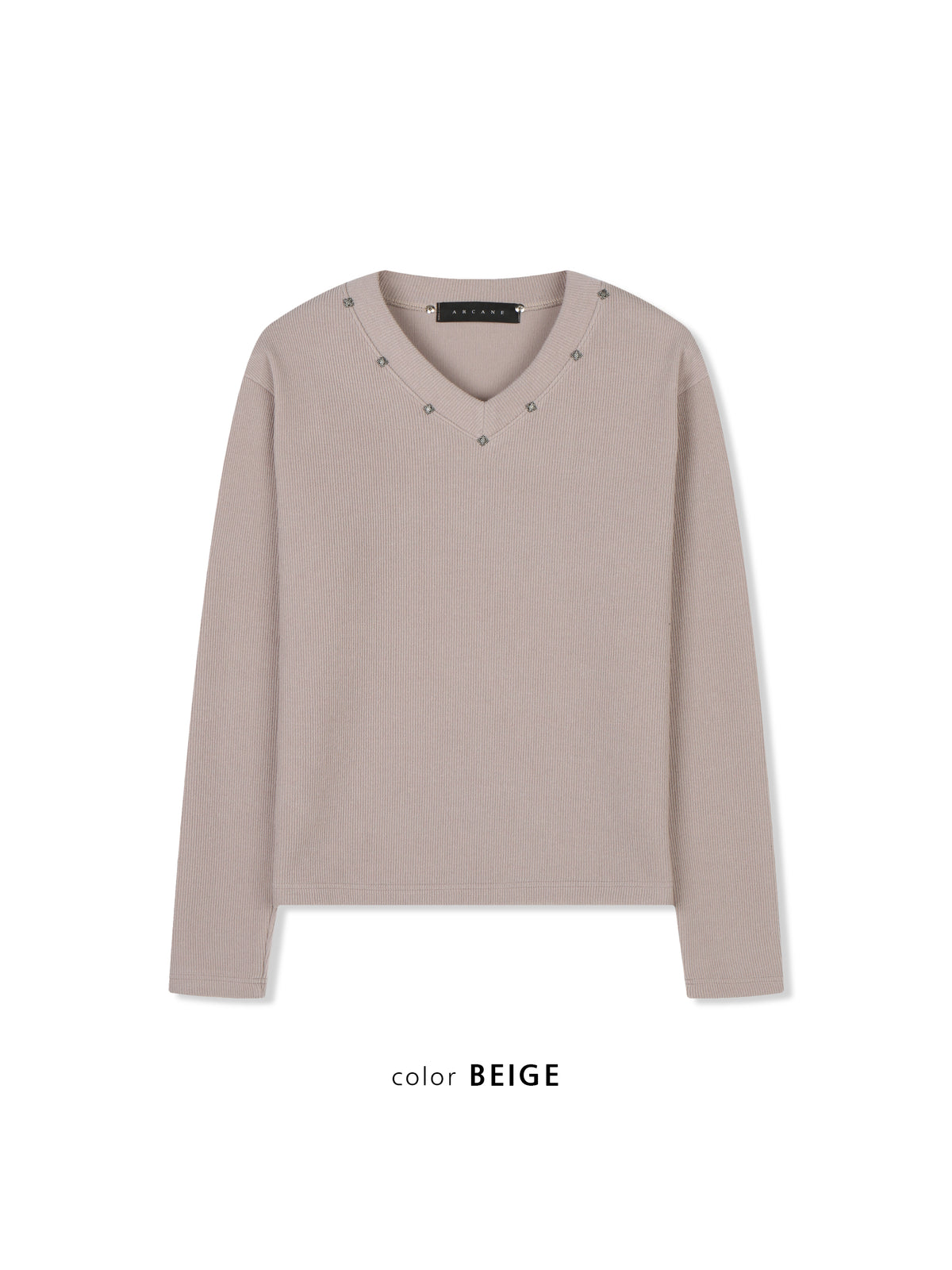 Star Stud V-Neck Ribbed Knit BEIGE フロントスタイル