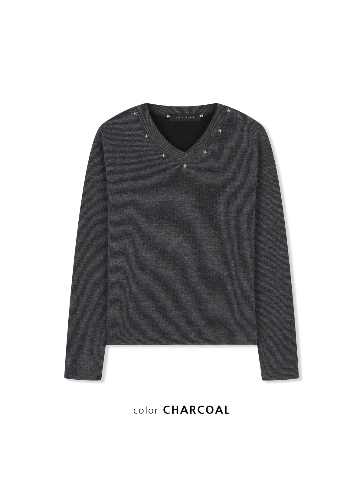 Star Stud V-Neck Ribbed Knit CHARCOAL フロントスタイル