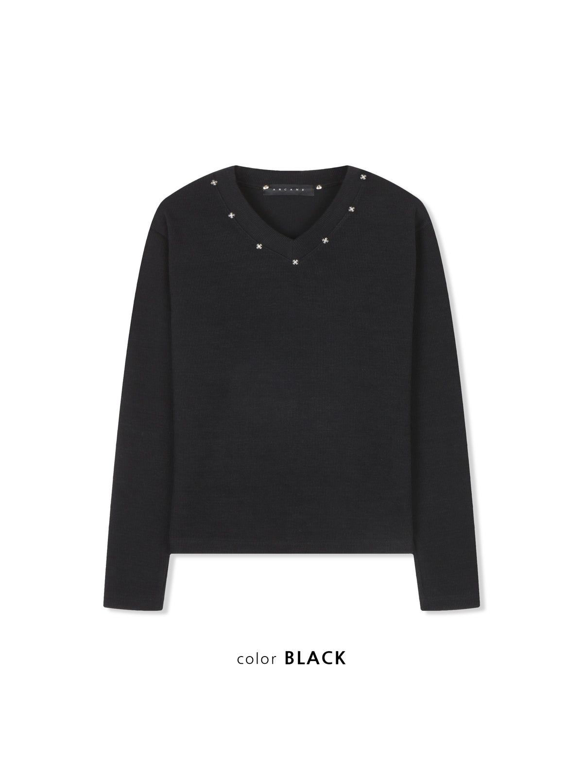 Star Stud V-Neck Ribbed Knit BLACK フロントスタイル