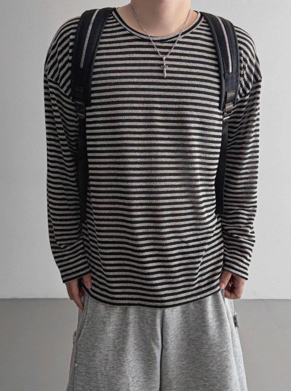 MAGNOLIA Melange Border Raglan Long Sleeve Top BLACK 着用