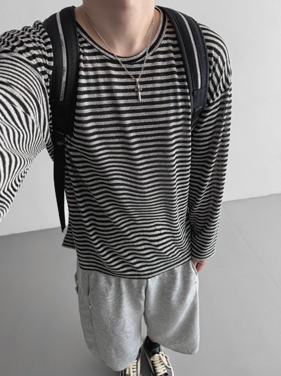 MAGNOLIA Melange Border Raglan Long Sleeve Top BLACK 着用アップ