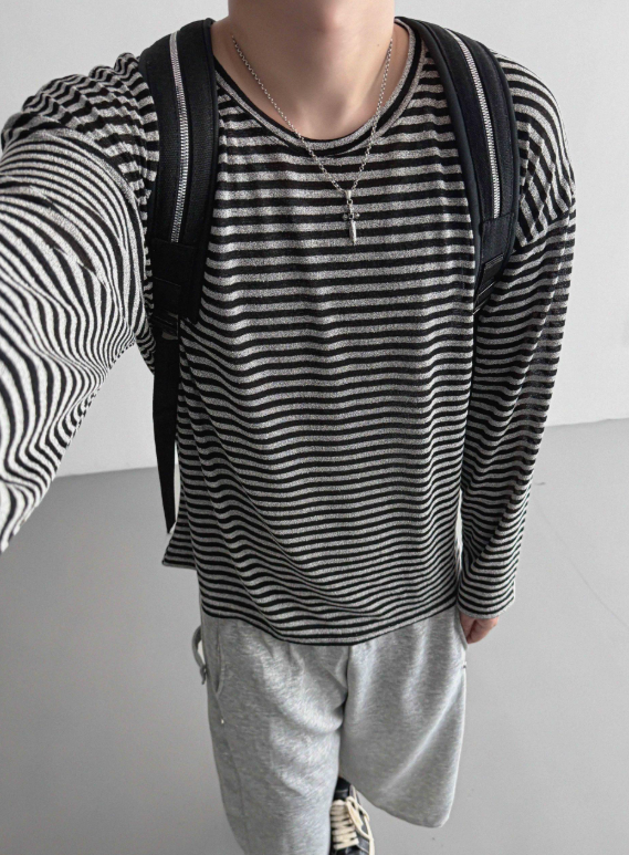 MAGNOLIA Melange Border Raglan Long Sleeve Top BLACK 着用アップ