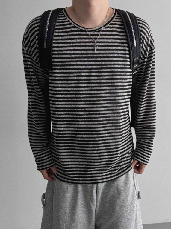 MAGNOLIA Melange Border Raglan Long Sleeve Top BLACK 着用