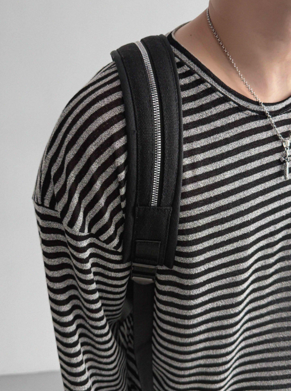 MAGNOLIA Melange Border Raglan Long Sleeve Top BLACK 着用