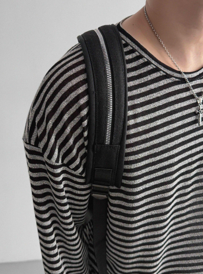 MAGNOLIA Melange Border Raglan Long Sleeve Top BLACK スタイリング全身