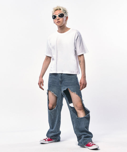 メンズ クロップドTシャツ ホワイト 着用モデル 全身コーデ