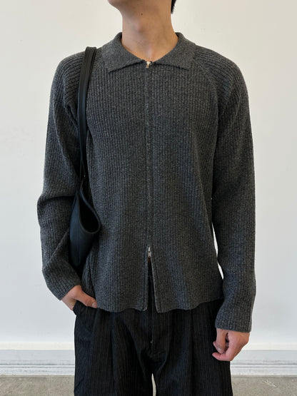 Collar Zip-Up Rib Knit Cardigan CHARCOAL 着用1