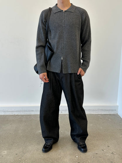 Collar Zip-Up Rib Knit Cardigan CHARCOAL 着用3