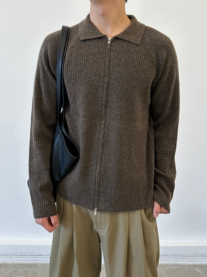 Collar Zip-Up Rib Knit Cardigan BROWN 着用1