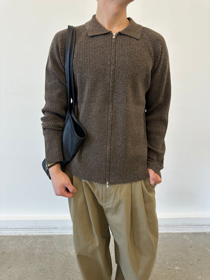Collar Zip-Up Rib Knit Cardigan BROWN 着用2