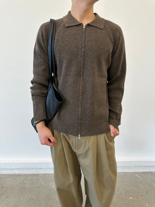 Collar Zip-Up Rib Knit Cardigan BROWN 着用2