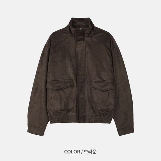 Suede Stand Collar Bomber Jacket BROWN