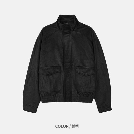 Suede Stand Collar Bomber Jacket BLACK