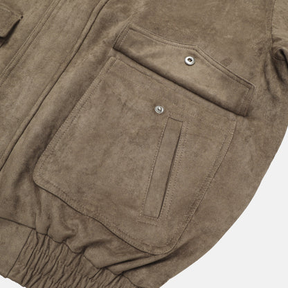 Suede Stand Collar Bomber Jacket pocket snap detail