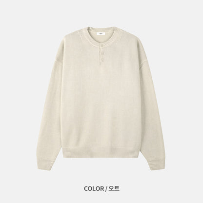 Washed Henley Neck Knit