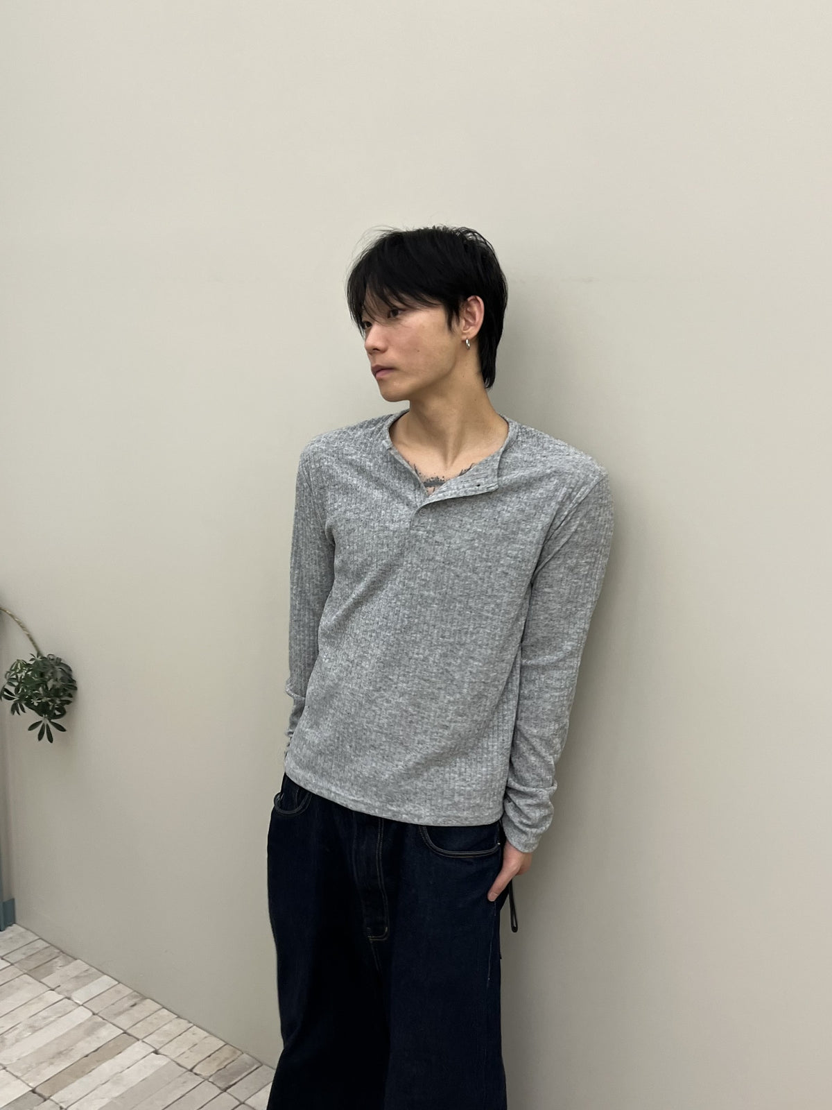 Rib Henley Neck Long Sleeve Tee