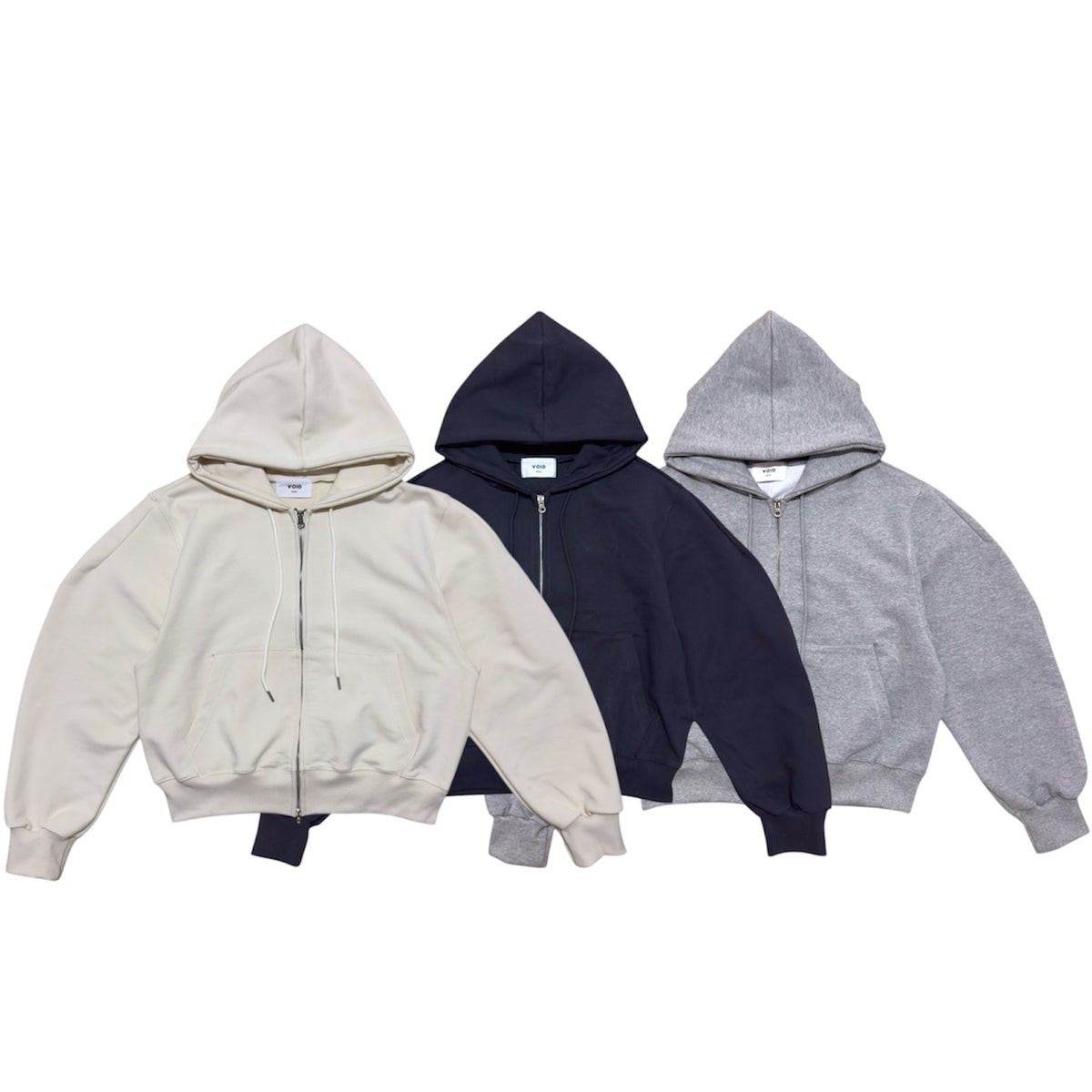 Heavy Cropped Curved Hem Zip-Up Hoodie - IVORY/NAVY/GRAY
