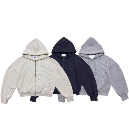 Heavy Cropped Curved Hem Zip-Up Hoodie - IVORY/NAVY/GRAY
