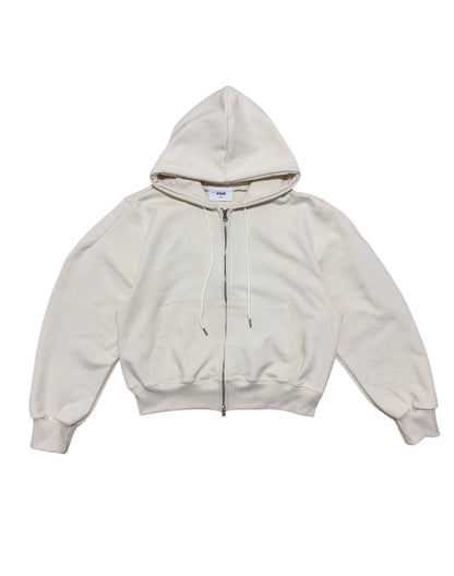 Heavy Cropped Curved Hem Zip-Up Hoodie IVORY front