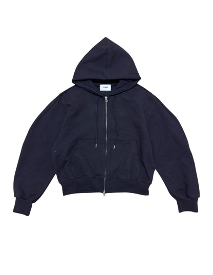 Heavy Cropped Curved Hem Zip-Up Hoodie NAVY front