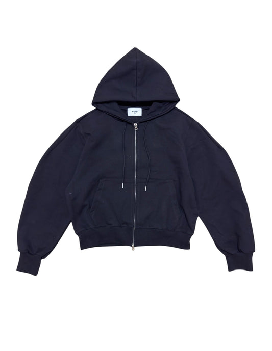 Heavy Cropped Curved Hem Zip-Up Hoodie NAVY front