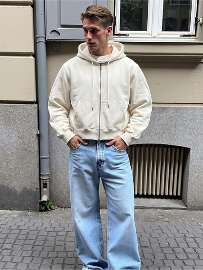 Heavy Cropped Curved Hem Zip-Up Hoodie model IVORY