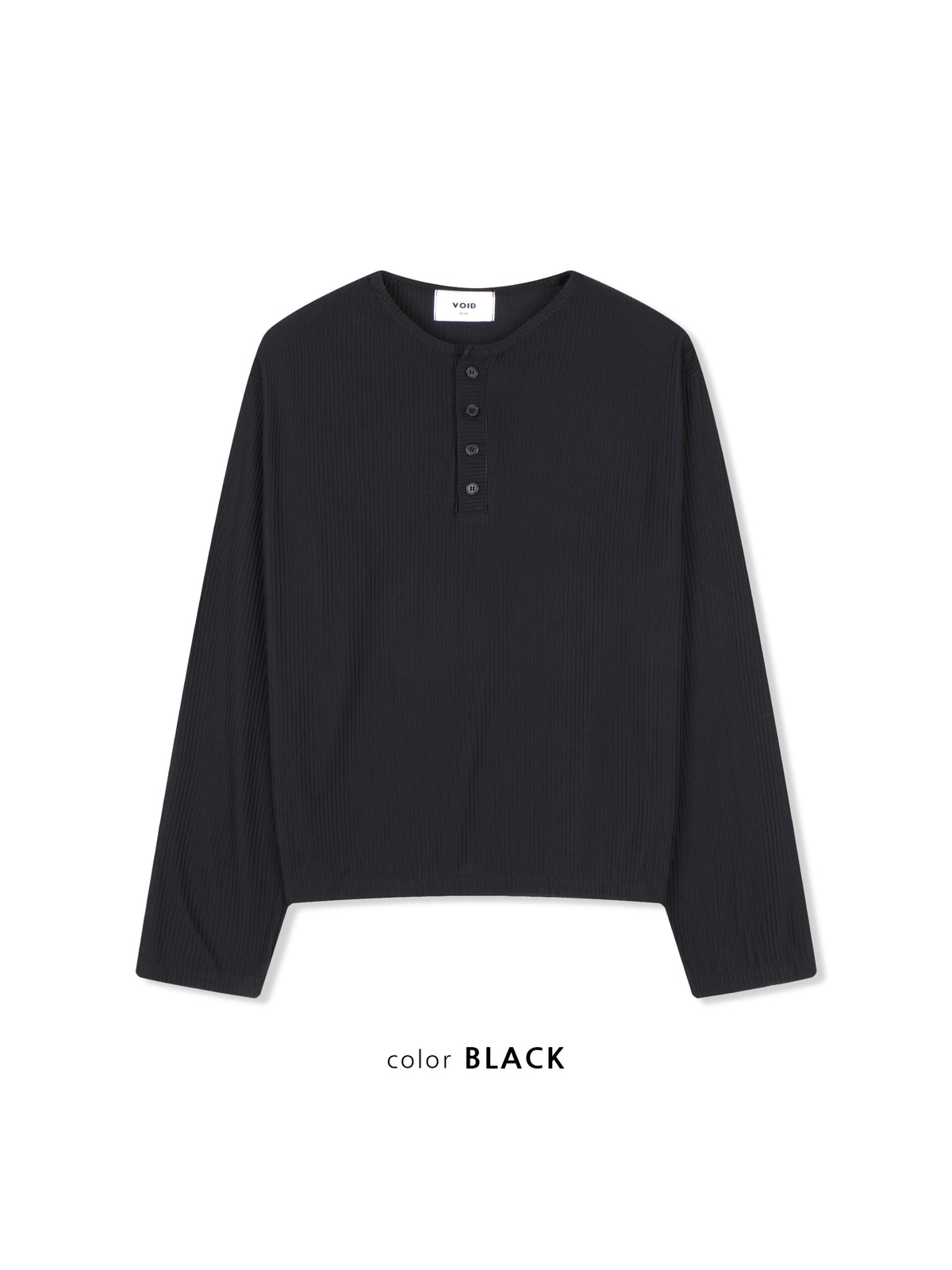 Ribbed Henley Neck Long Sleeve Top BLACK flat