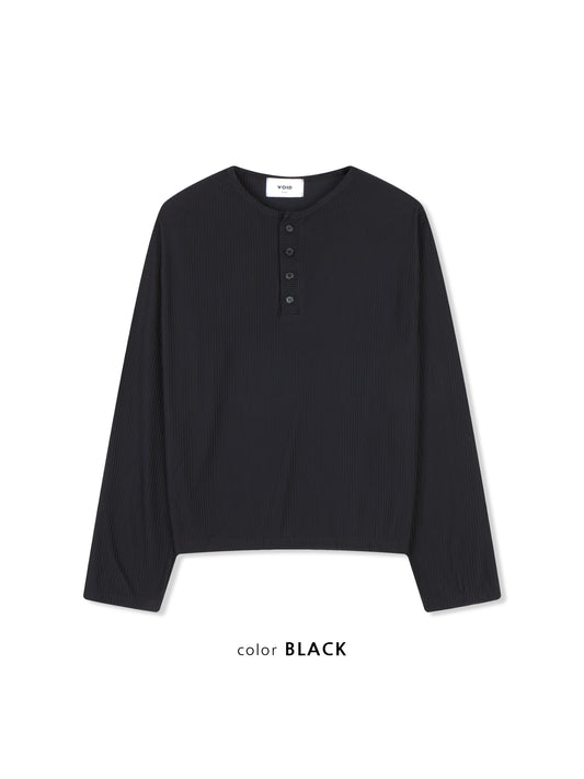 Ribbed Henley Neck Long Sleeve Top BLACK flat