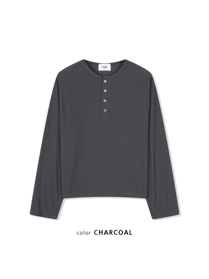 Ribbed Henley Neck Long Sleeve Top CHARCOAL flat