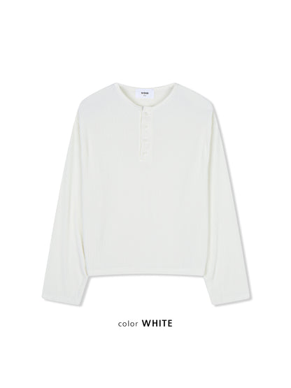 Ribbed Henley Neck Long Sleeve Top WHITE flat