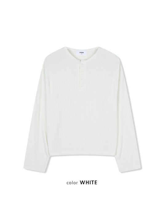 Ribbed Henley Neck Long Sleeve Top WHITE flat