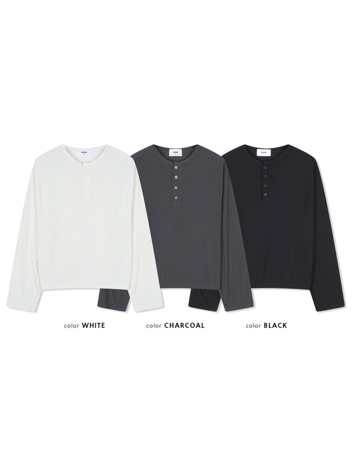 Ribbed Henley Neck Long Sleeve Top