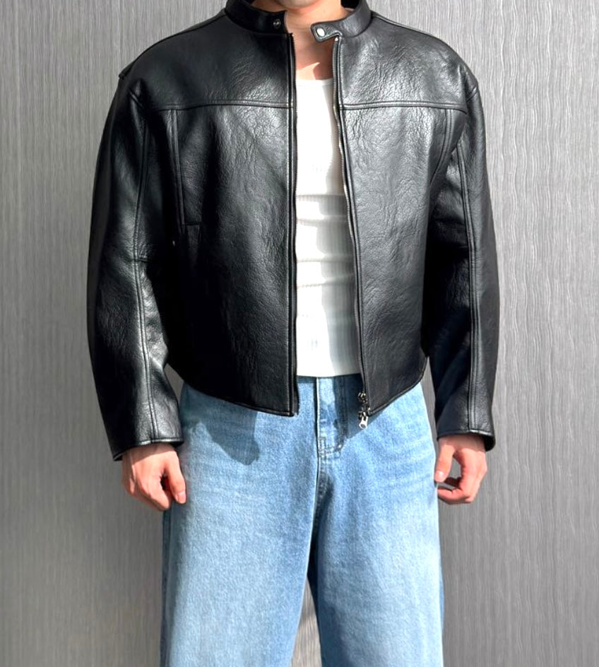 Curved Biker Faux Leather Jacket