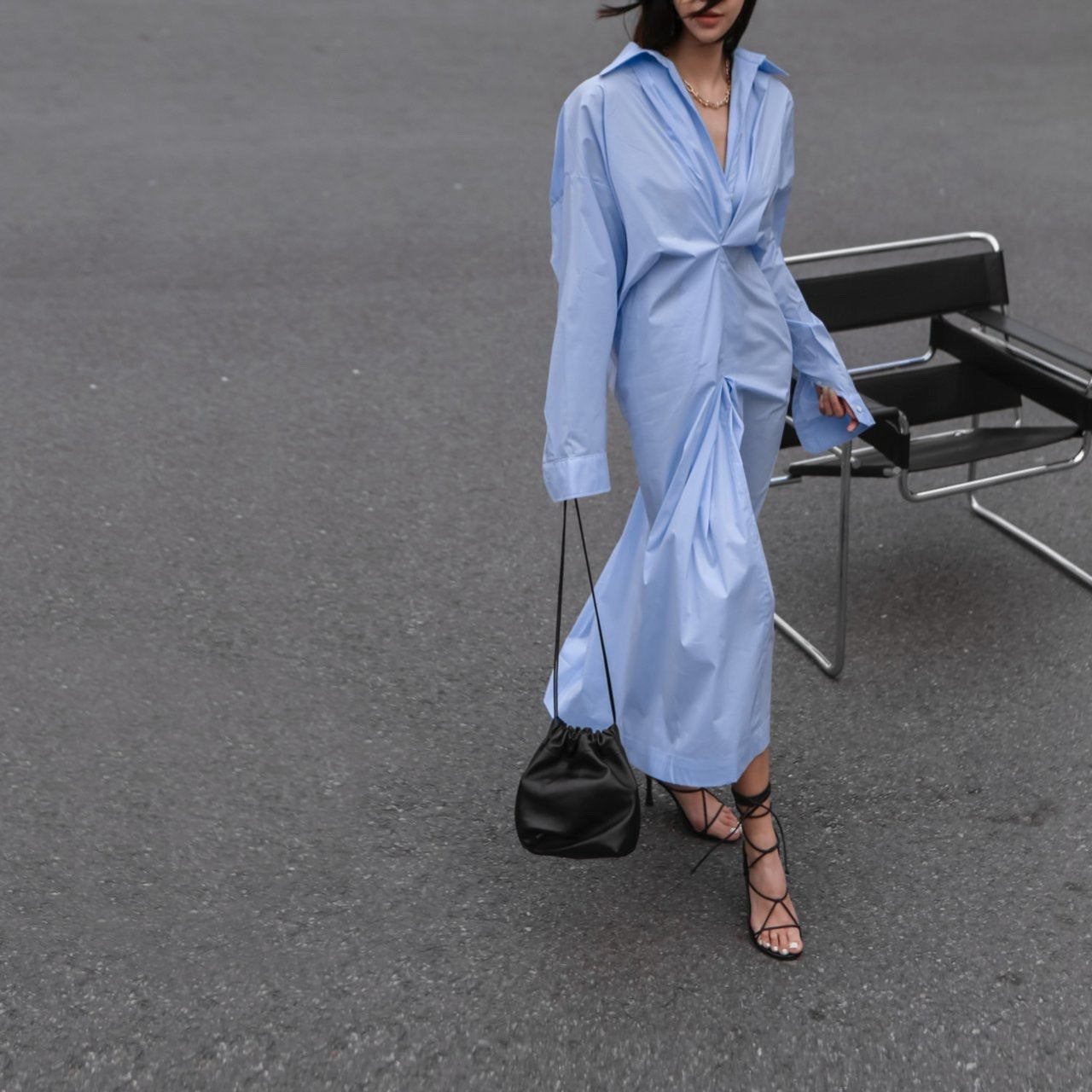 【PAPERMOON 페이퍼 문】SS / Front Gathered Oversized Shirt Dress
