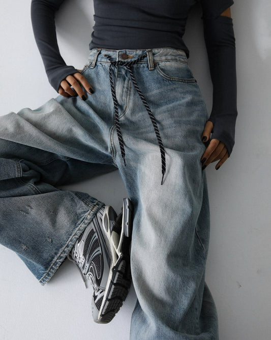 【PAPERMOON ペーパームーン】SS / Drawstring Detail Wide Blue Denim Jeans