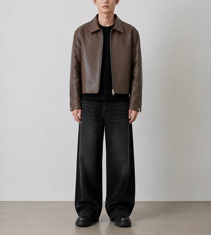 Faux Leather Zip-Up Jacket Brown 2