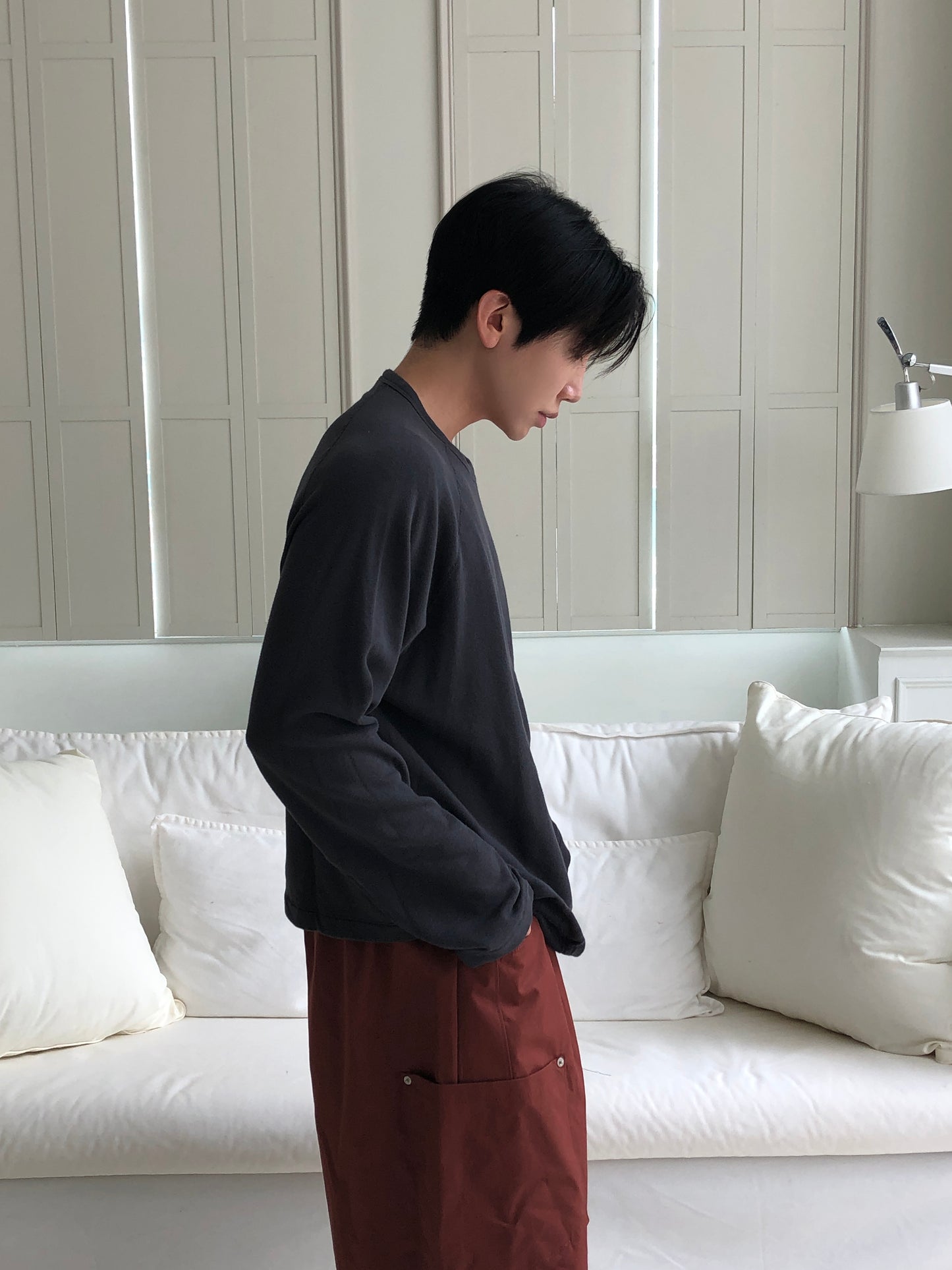 Brushed Cotton Raglan Tee CHARCOAL worn