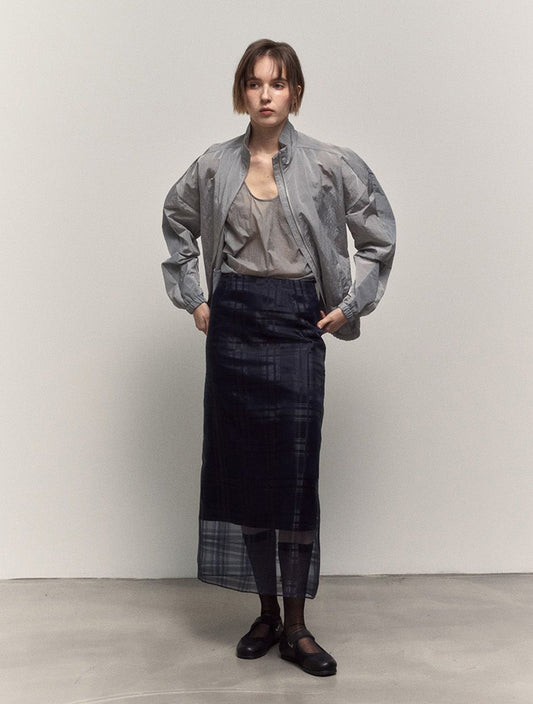 CHECK SHEER SKIRT -NAVY