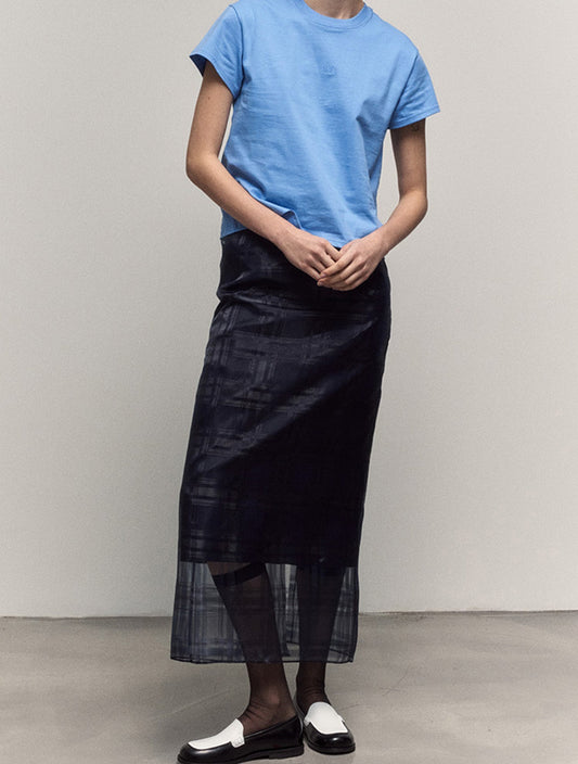 CHECK SHEER SKIRT -NAVY