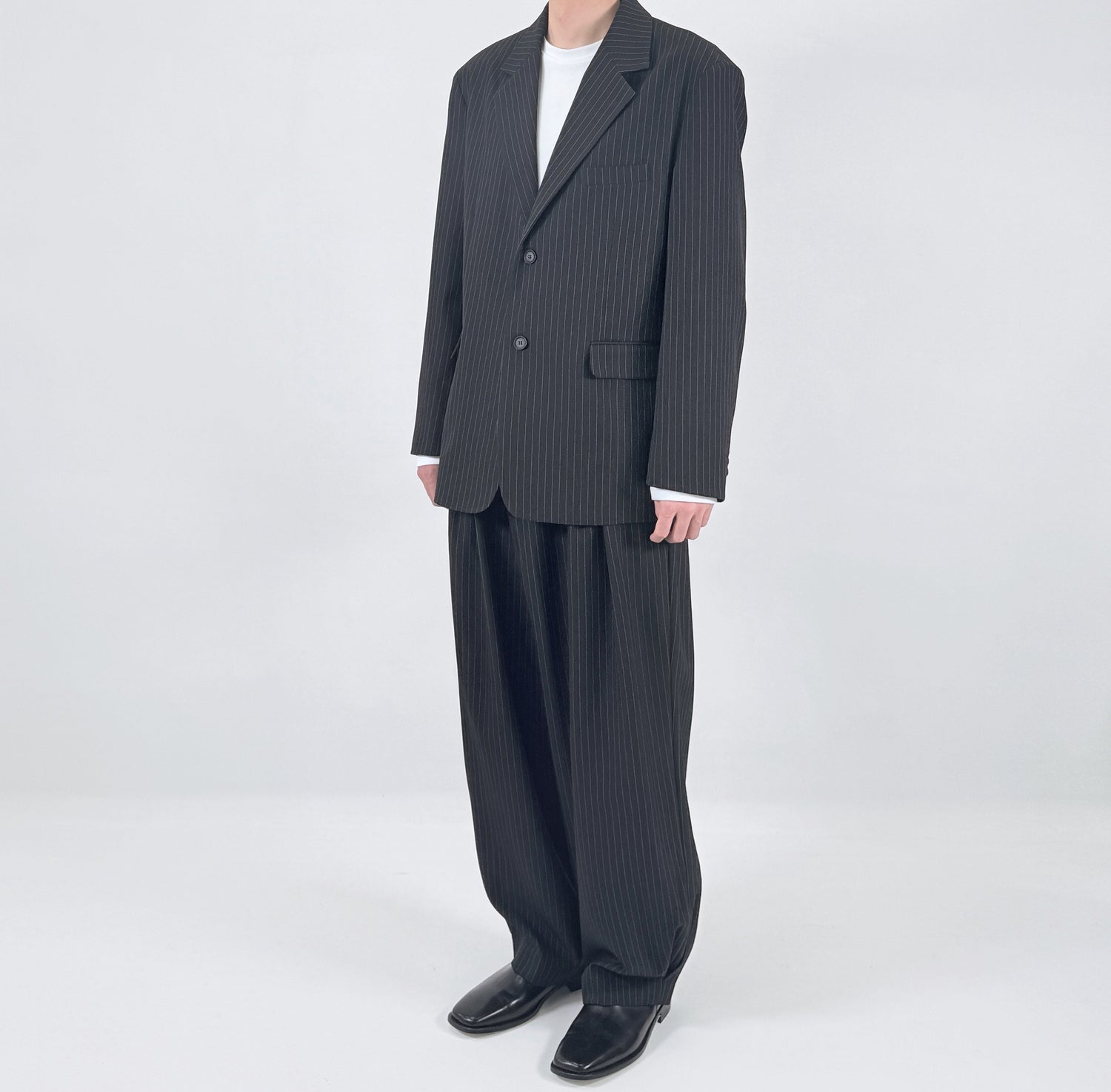 MAGNOLIA pinstripe suit setup - CHARCOAL, worn styling