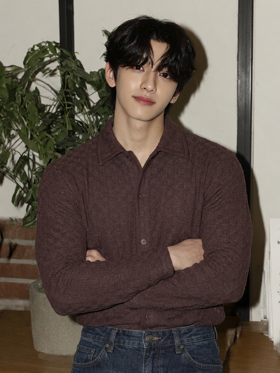 VOID Textured Knit Collar Shirt BROWN model