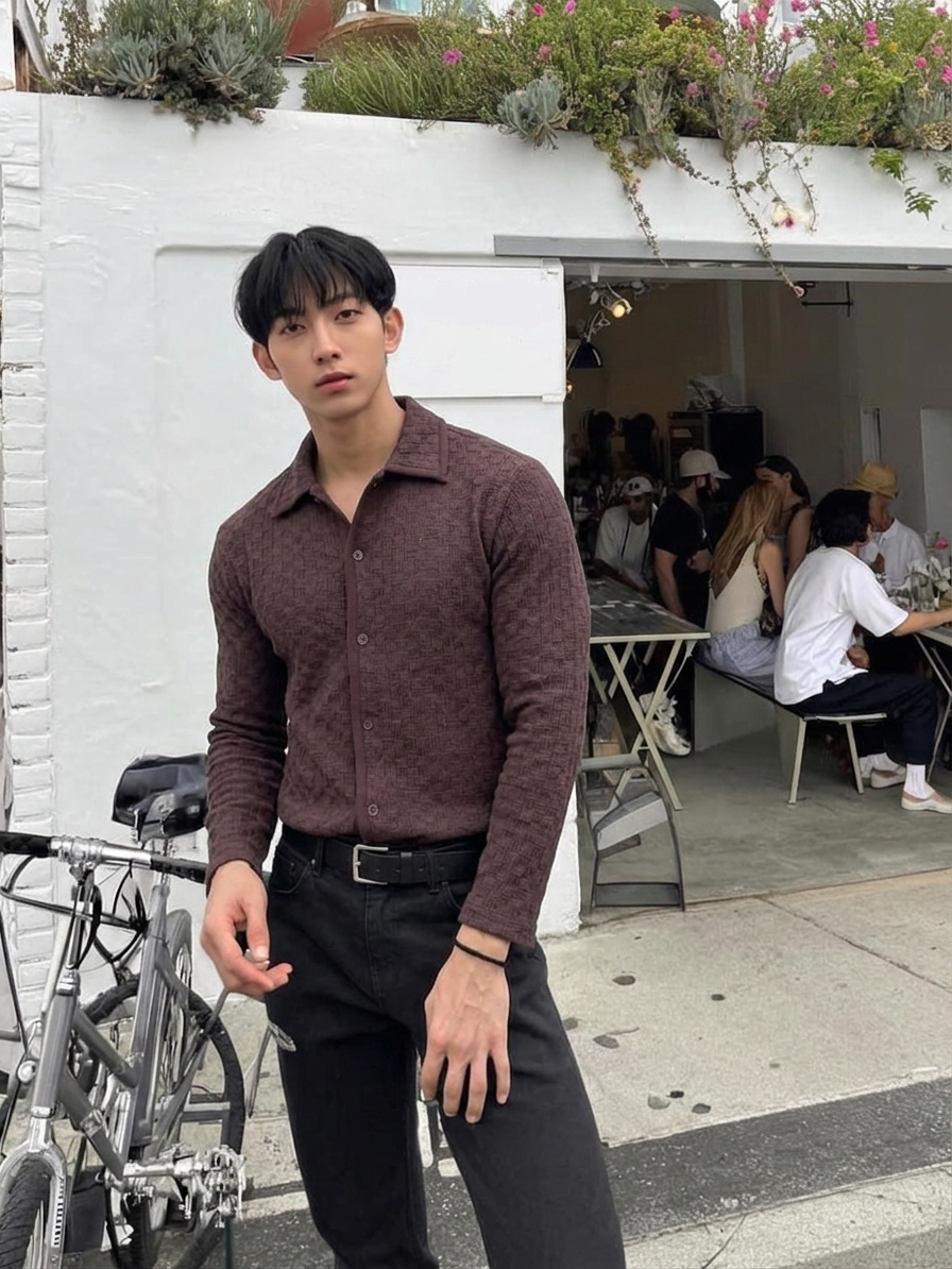 VOID Textured Knit Collar Shirt BROWN model street