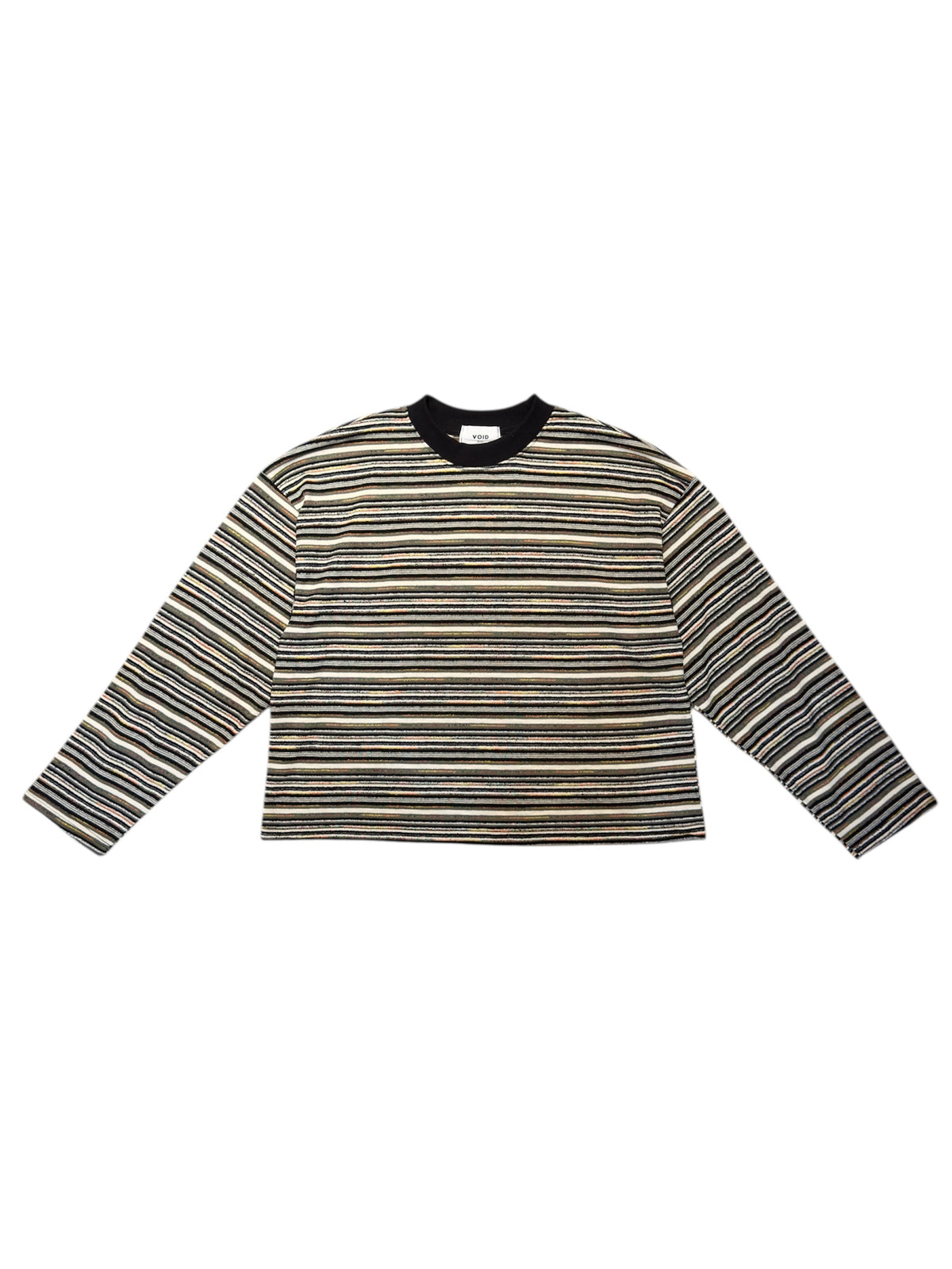 VOID Multi Stripe Cropped Long Sleeve Tee BLACK MULTI collar detail