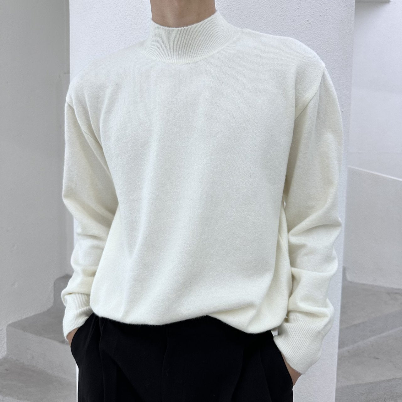 Wool Yono Half Polo WHITE MELANGE 1
