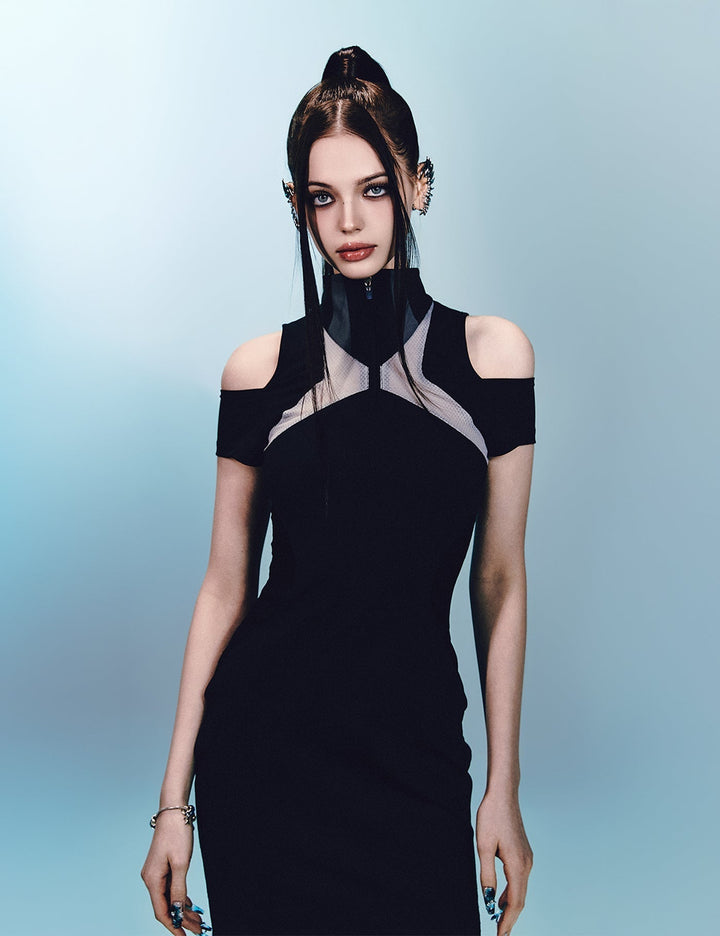 Mesh Cross Point Mermaid Dress Long -black