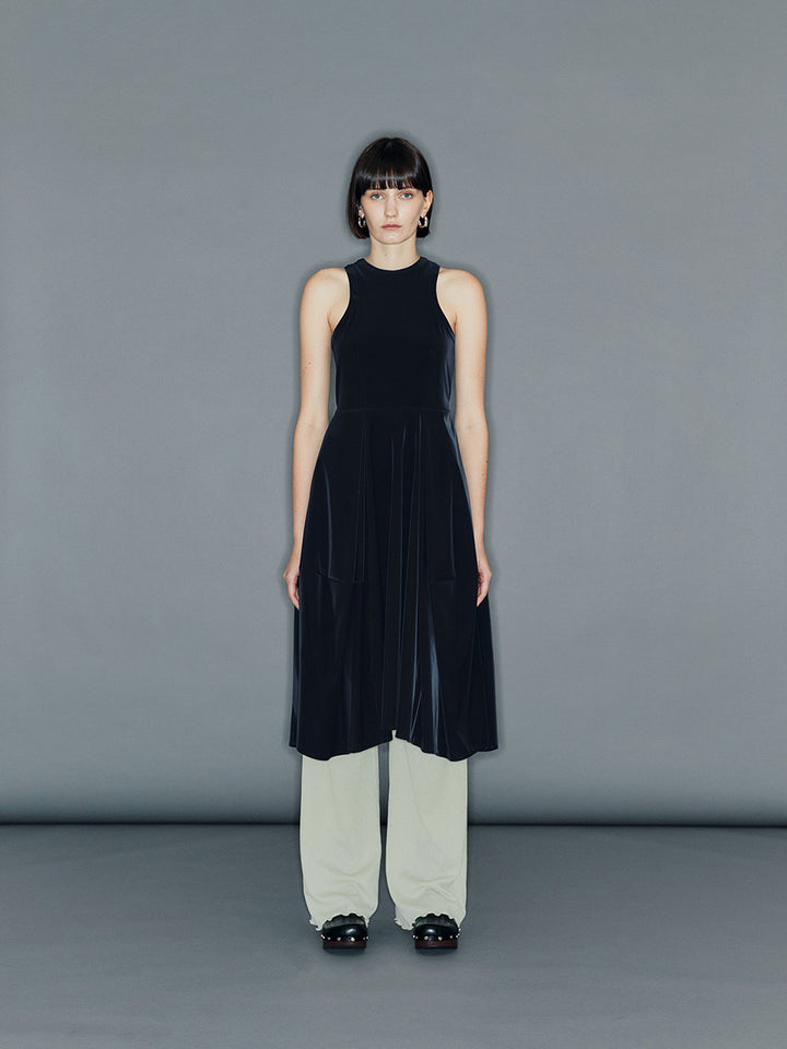 【ARIK. アリク】ALYA Velvet-like faux leather volume dress Dark Navy